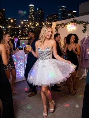 Night Moves Size 8 White Dress With Silver Sequined Bodice